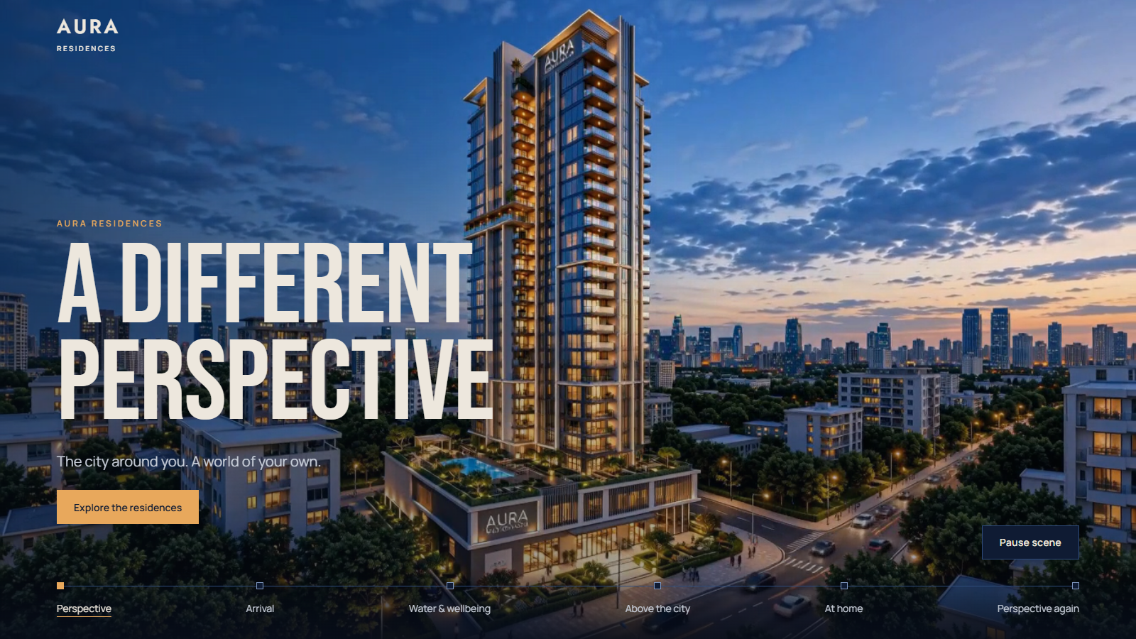 Aura Residences website hero showing the illuminated residential tower at dusk in Jakarta.