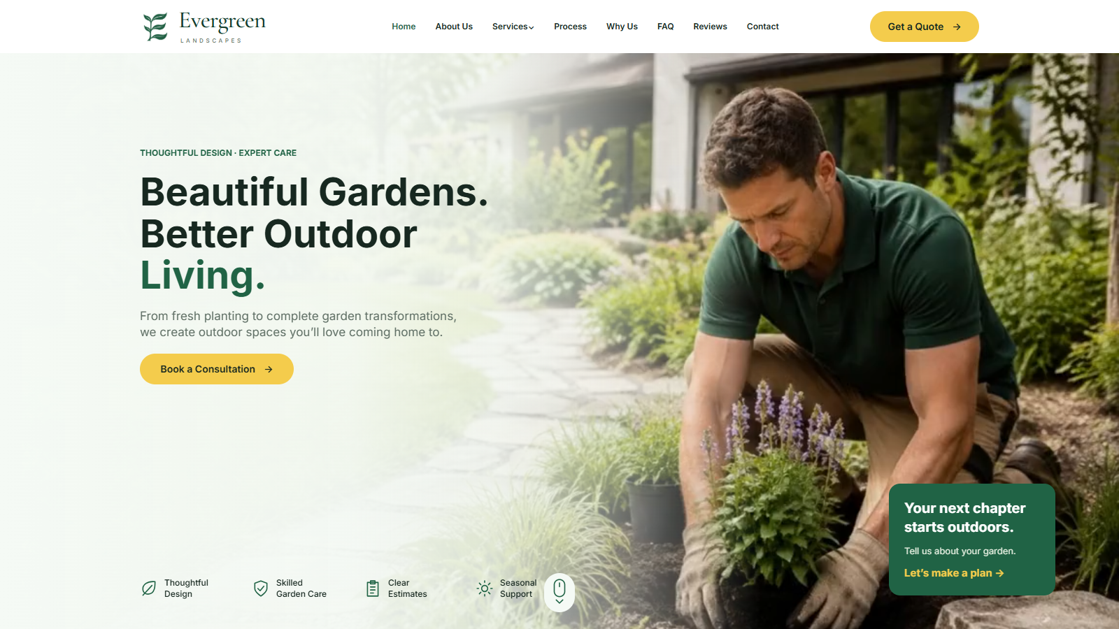 Evergreen Landscapes website hero showing a gardener planting a flower bed.