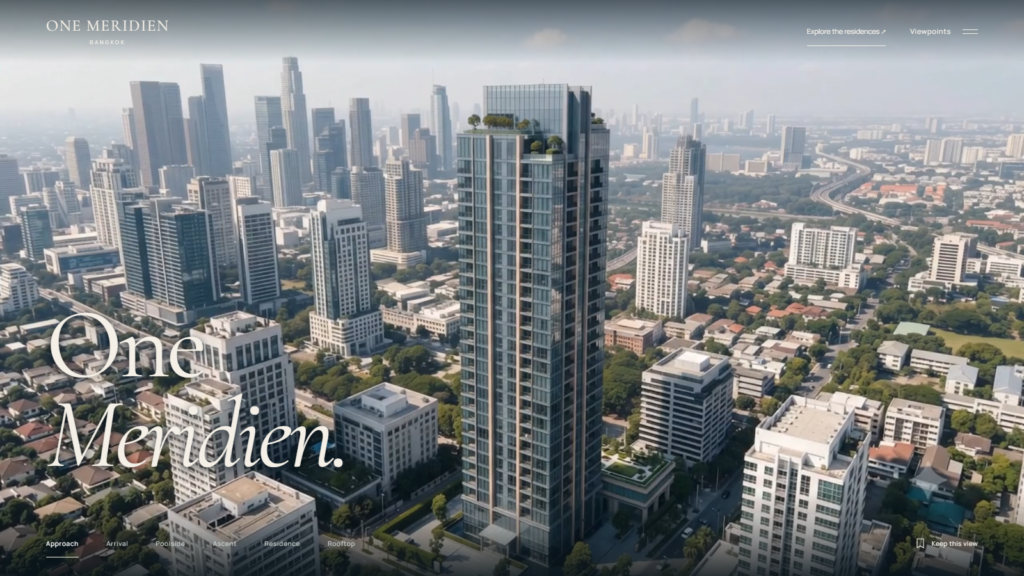 One Meridien website hero showing the residential tower above the Bangkok skyline.