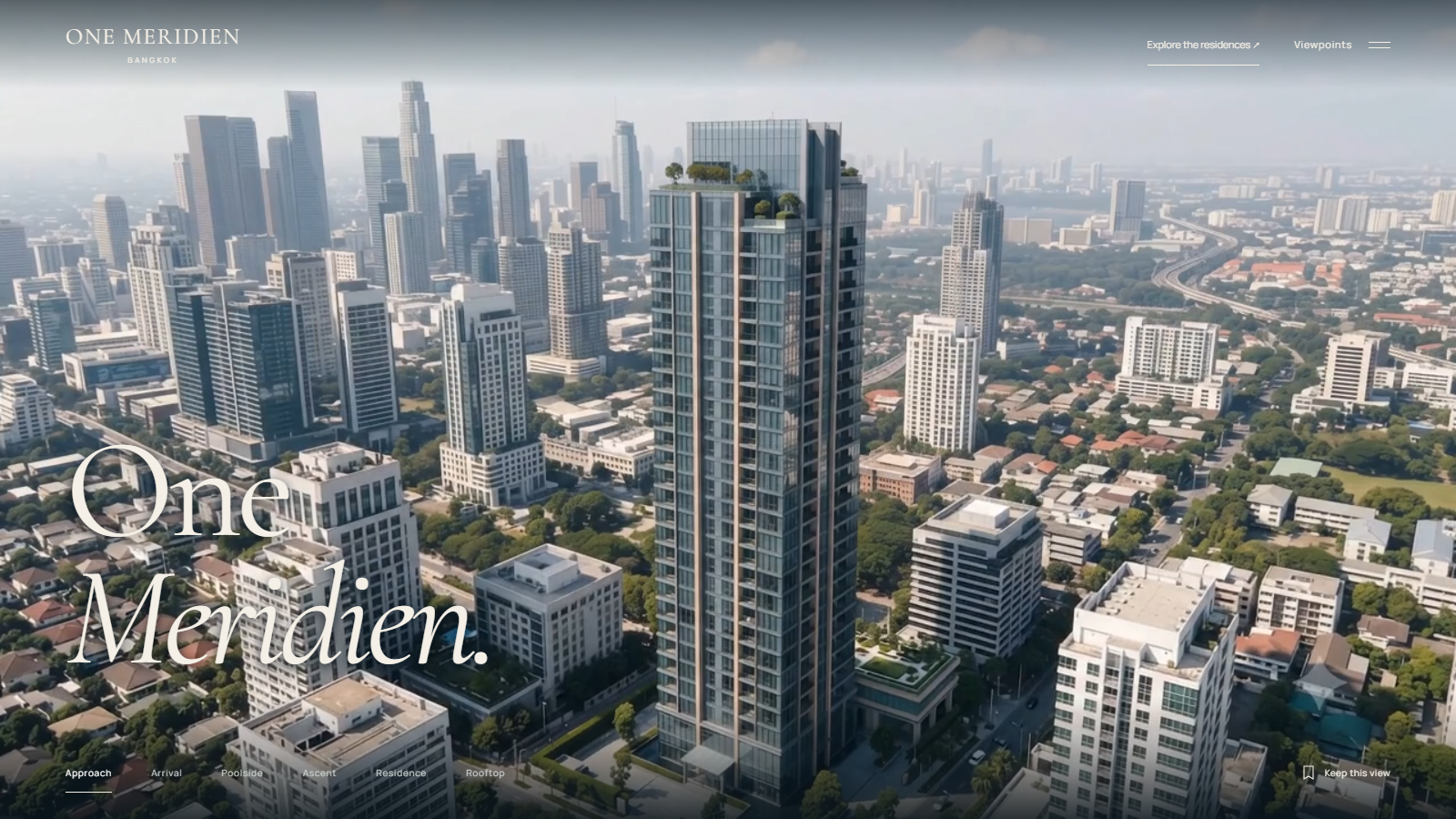 One Meridien website hero showing the residential tower above the Bangkok skyline.
