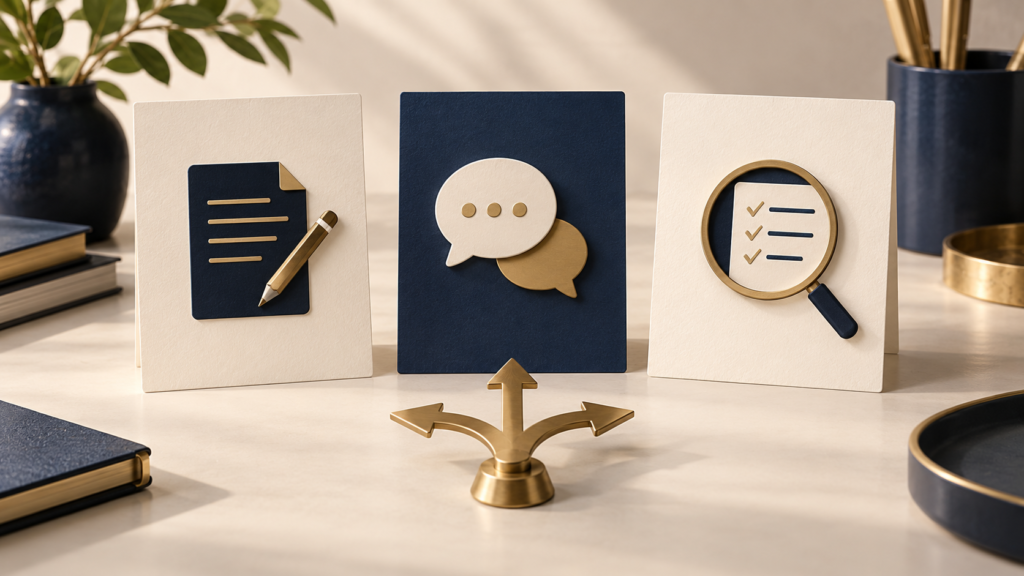 Illustration of choosing between a quote, consultation and assessment as the first customer step.